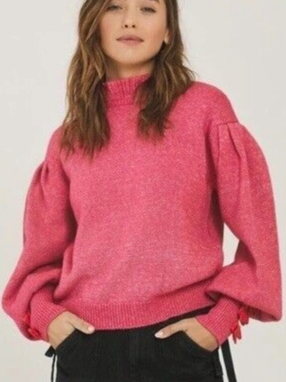 Something Navy Haittie Pink Puff-Sleeve Mock Turtleneck Sweater with Bow Sleeves
